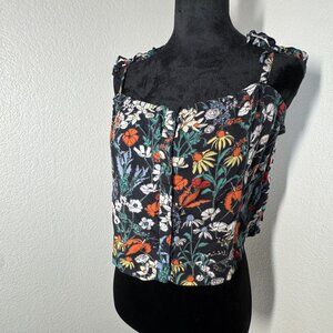 RVCA Womens Floral Print Button Down Crop Top Black Multicolor Size‎ L